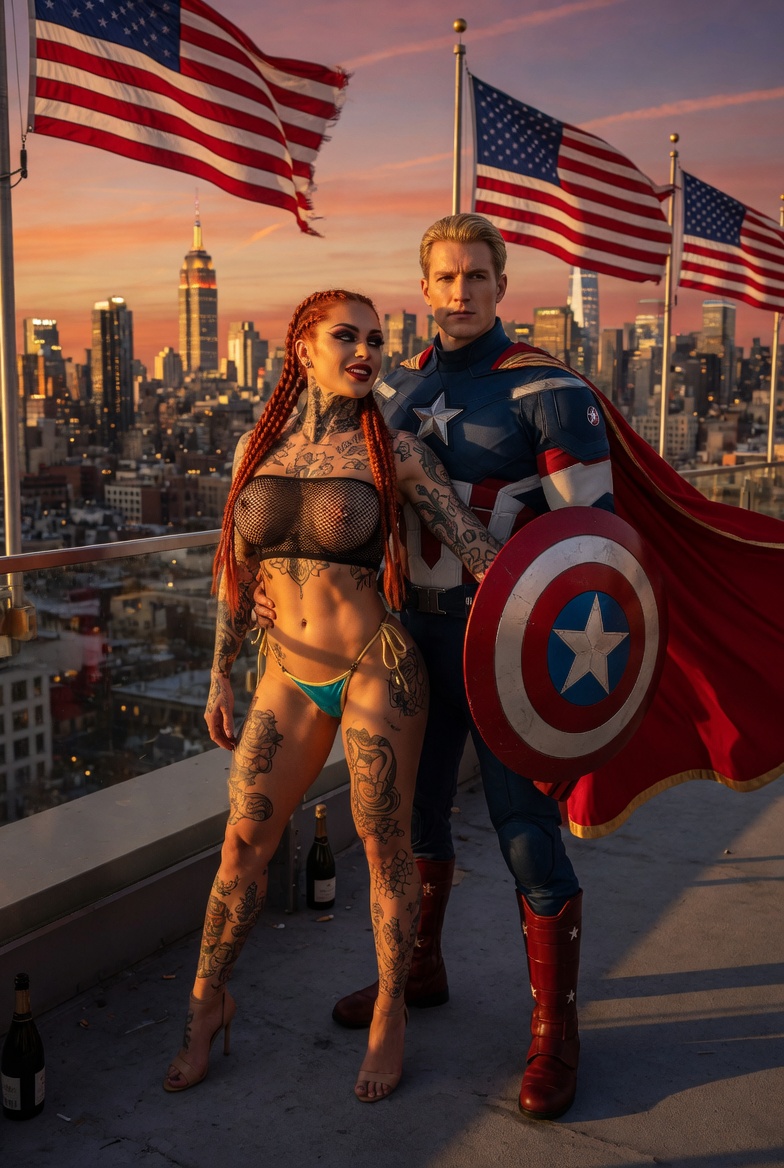 Redhead and Captain America Rooftop Duo