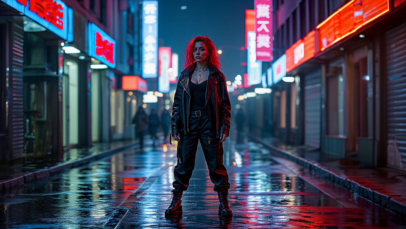 Neon Night Street Portraits with Red-Haired Cyberpunk Mood