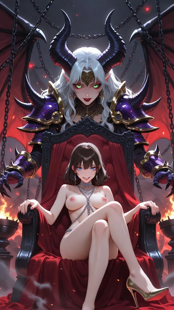 Nude Brunette and Demonic Hell Queen Guardian