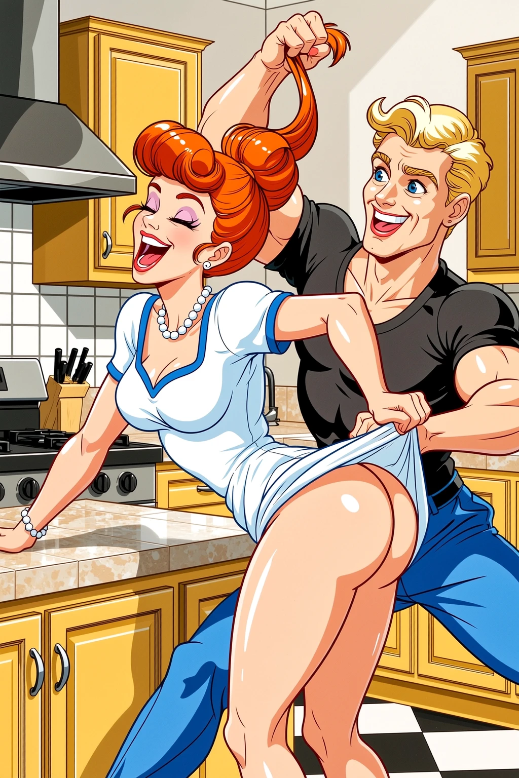 Retro Cartoon Kitchen Couple Tease