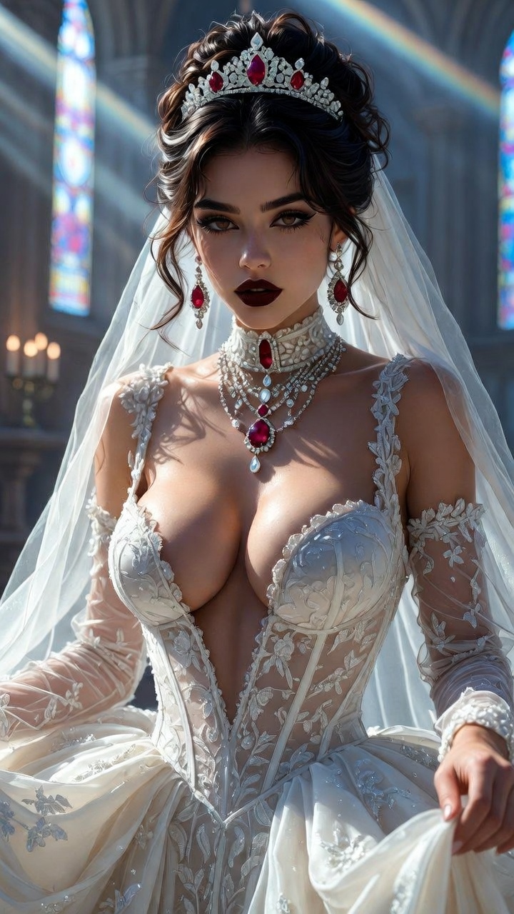 Royal Bride in Plunging Cathedral Wedding Gown