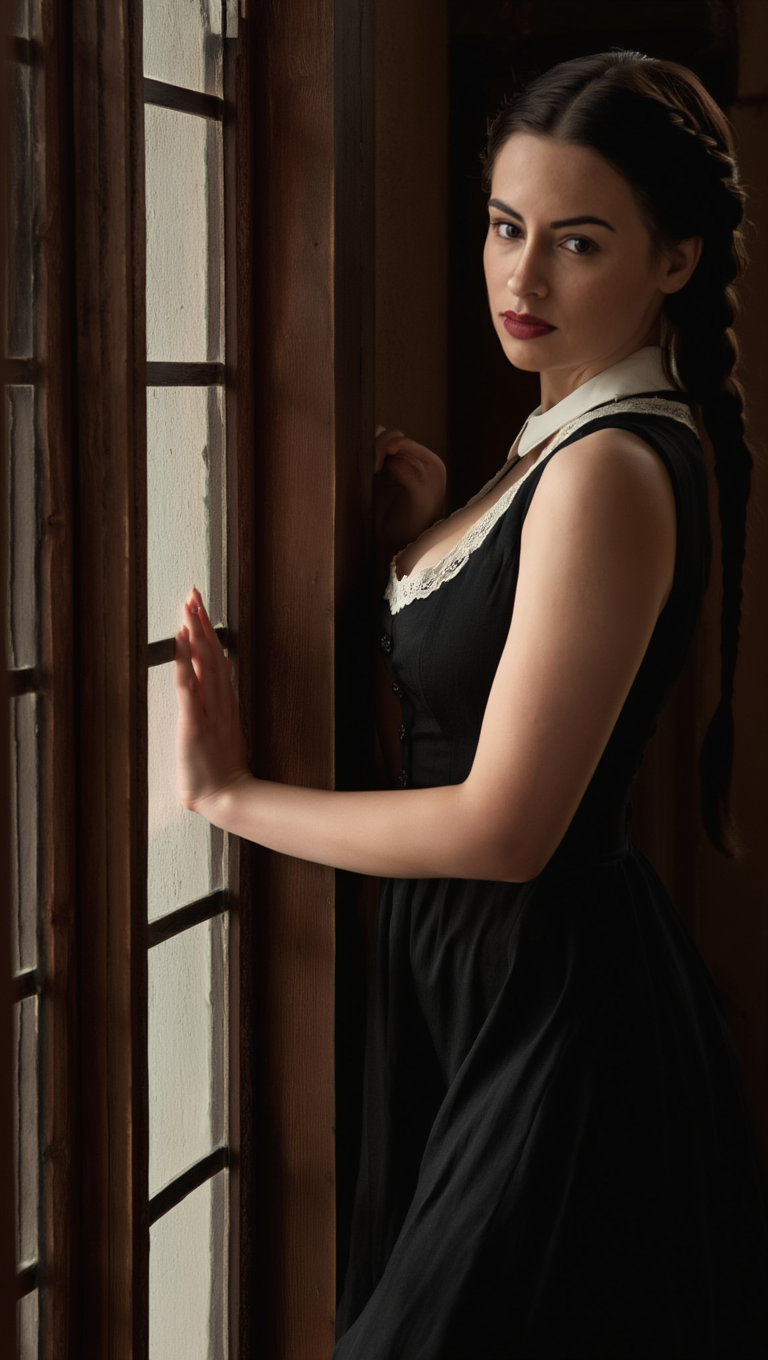 Silent Grace: Brunette Woman in Vintage Window Light Portraits