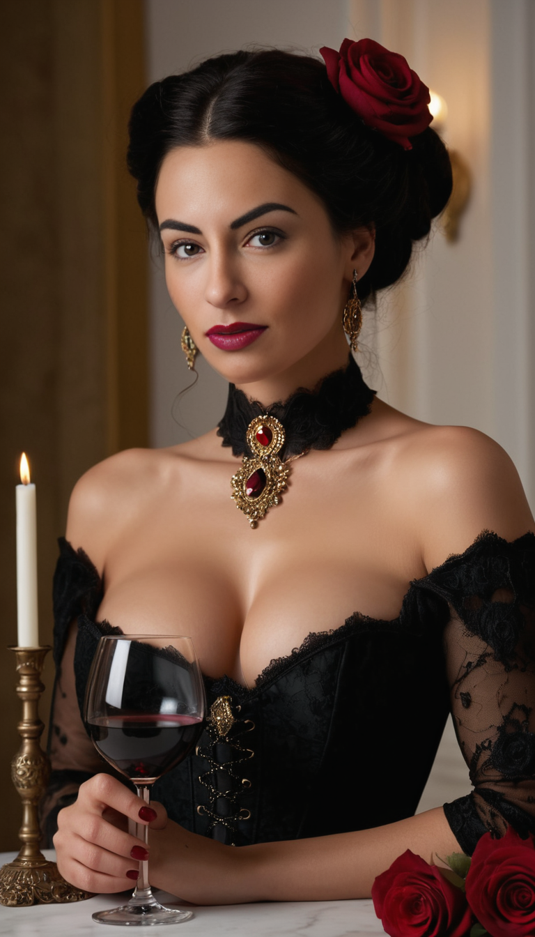 Black Rose Elegance: Victorian Muse in Candlelit Ballroom