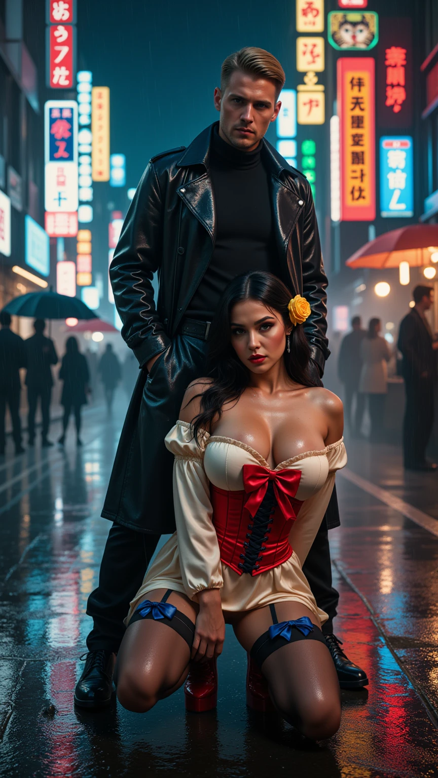 Neon Rain Seduction – Corset & Trenchcoat