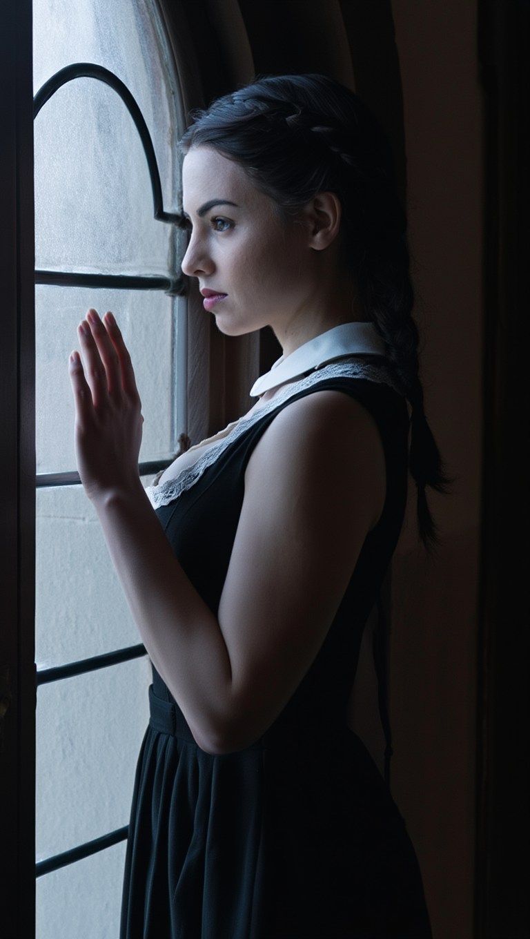 Silent Grace: Brunette Woman in Vintage Window Light Portraits