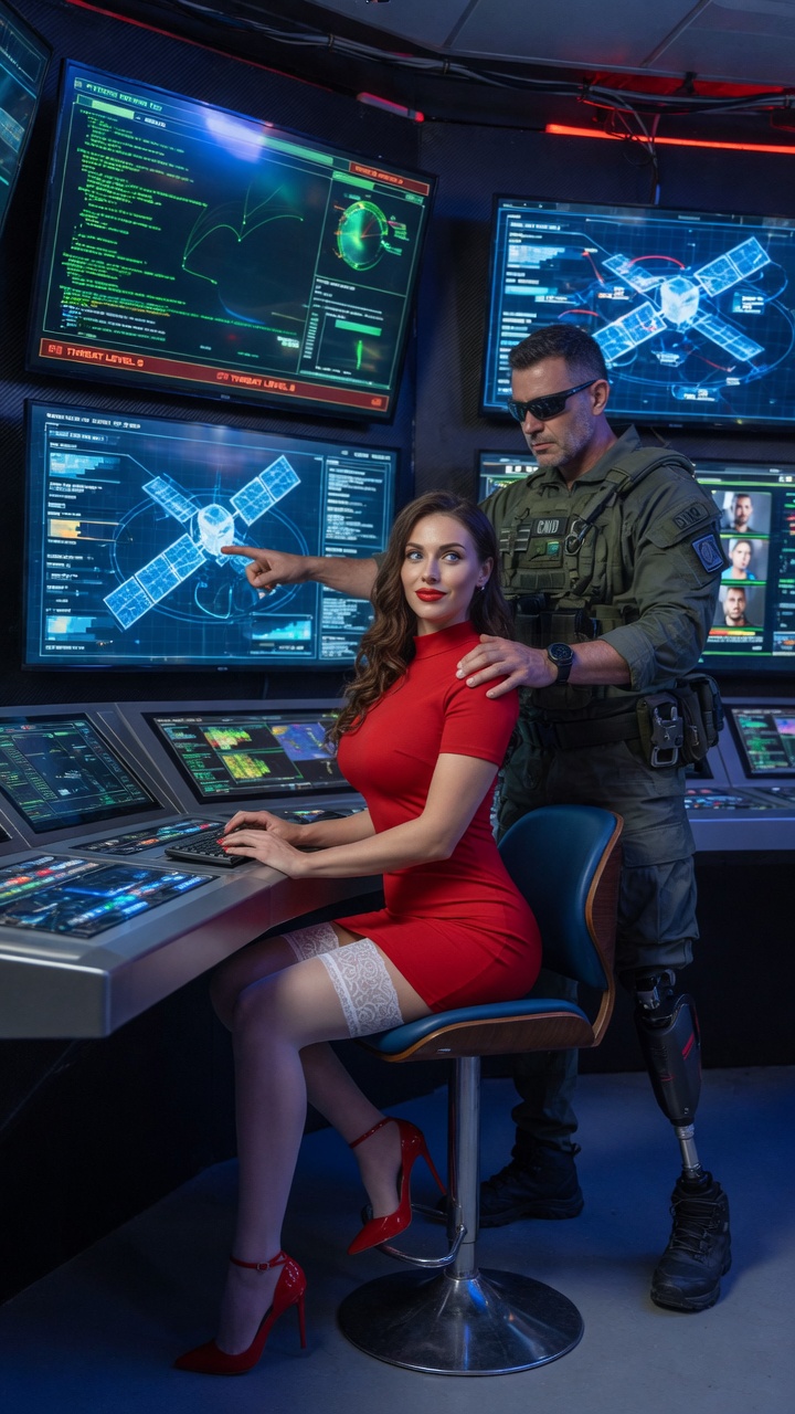 Brunette in Red Dress with Military Officer in Command Center