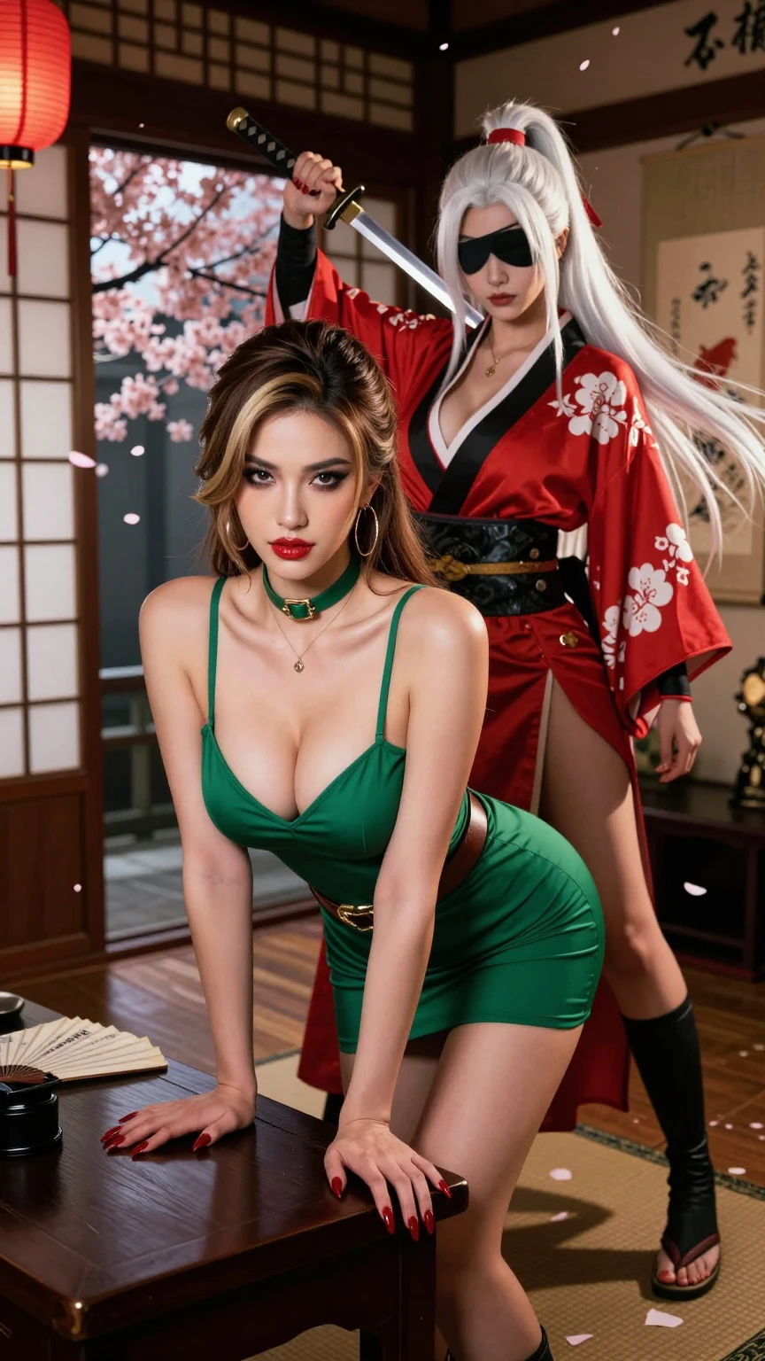 Voluptuous Brunette and Fierce Samurai Warrior