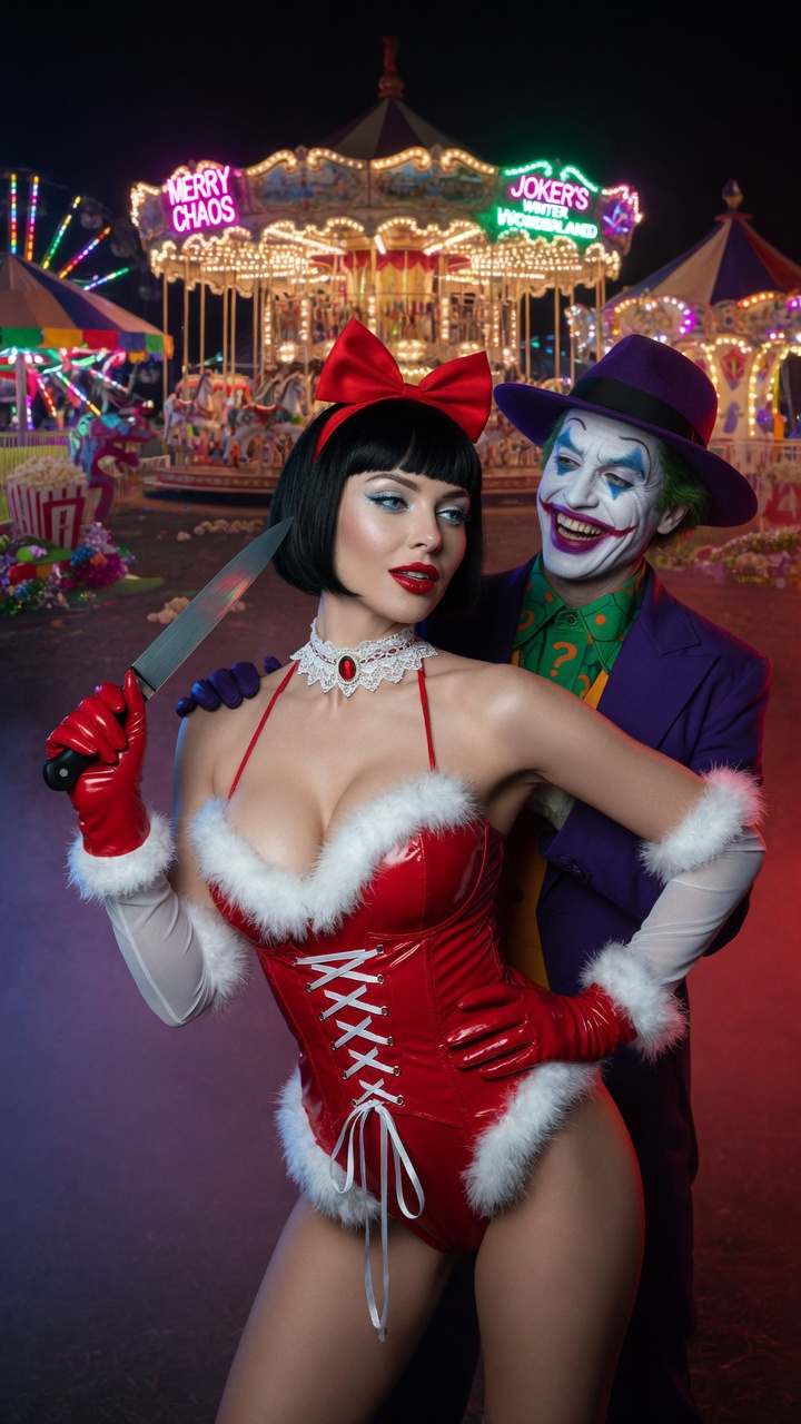 Sexy Mrs Claus with Joker at Carnival