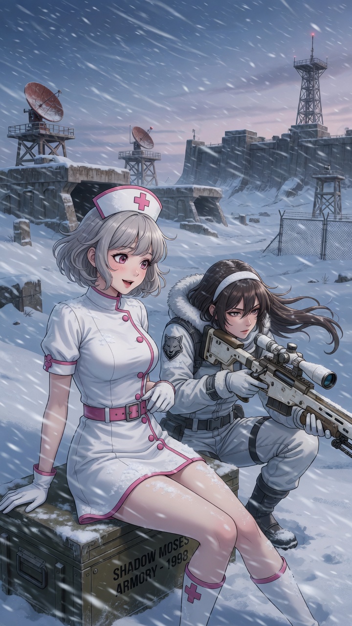 Nurse and Sniper Girls in Snowy Military Base