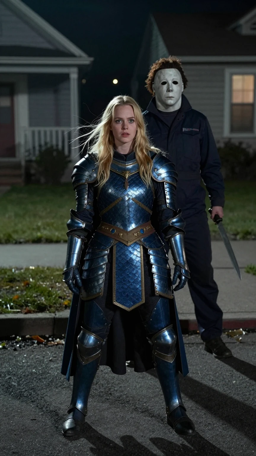 Blonde Knight Confronts Michael Myers in Suburbia