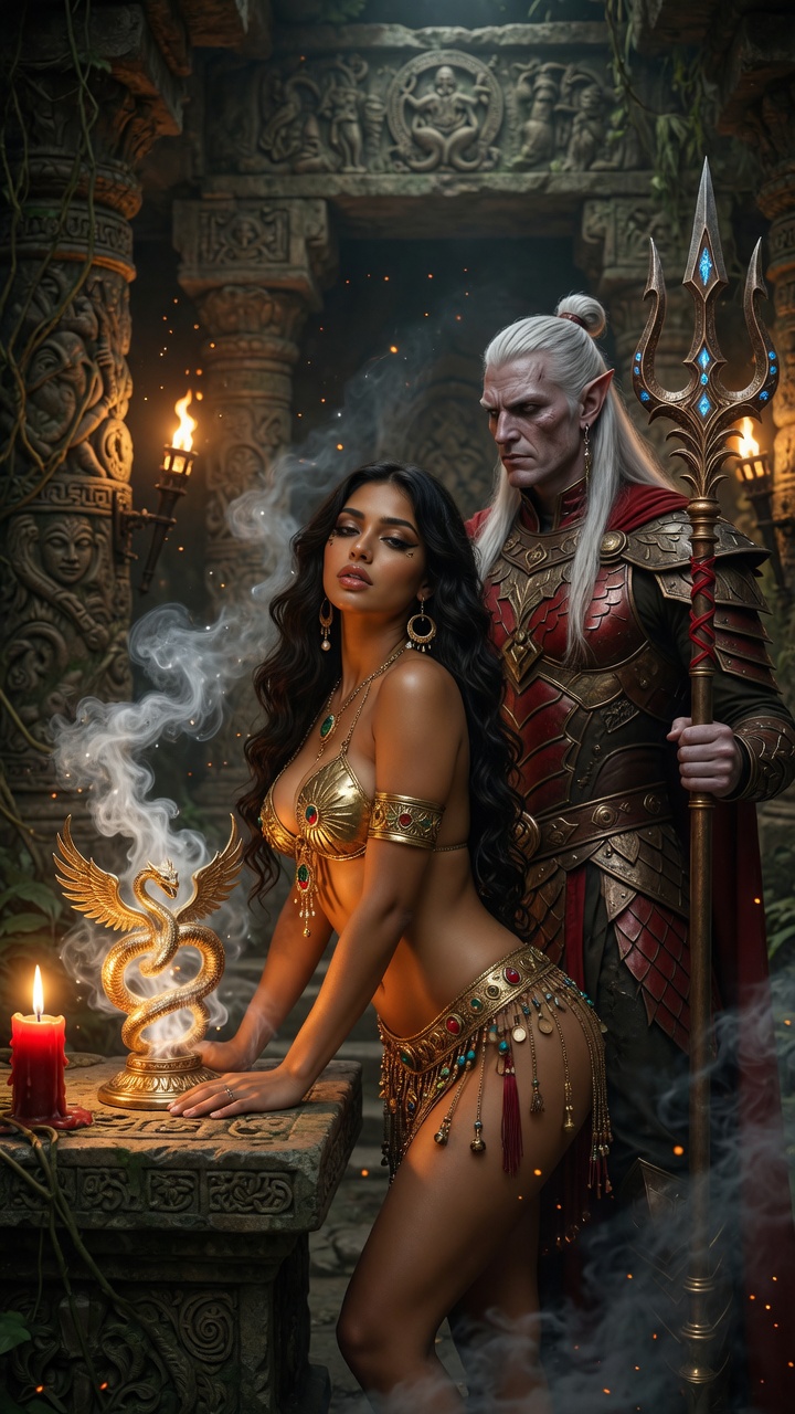 Exotic Priestess with Armored Elf Guardian