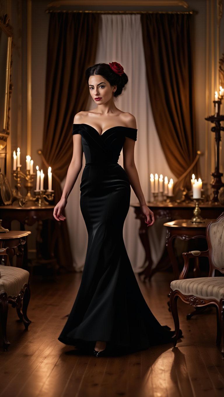 Black Rose Elegance: Victorian Muse in Candlelit Ballroom