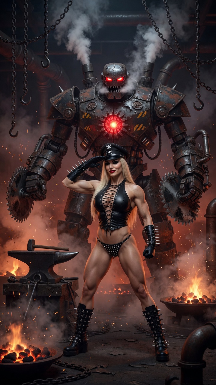 Blonde in Leather with Giant War Robot
