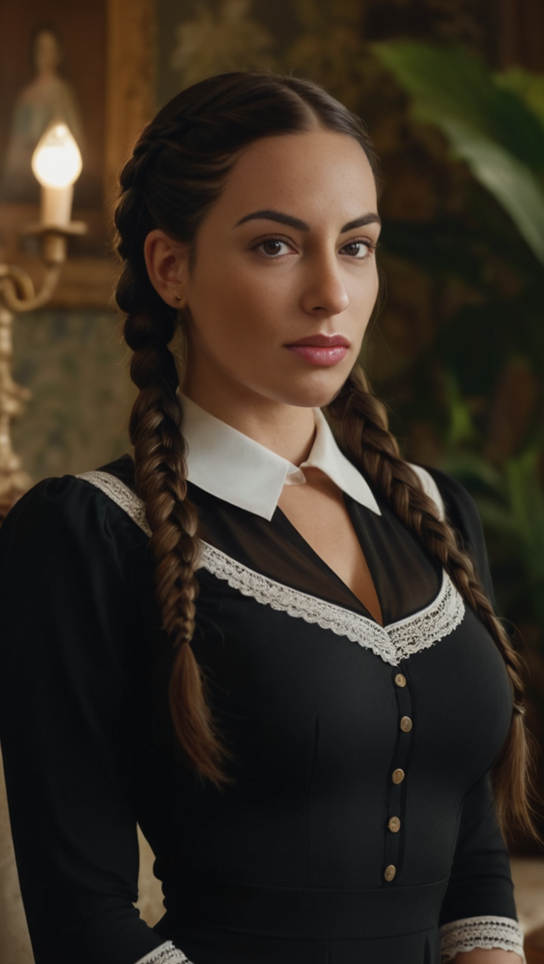 Victorian Silence: Braided Brunette in Classic Gothic Interior