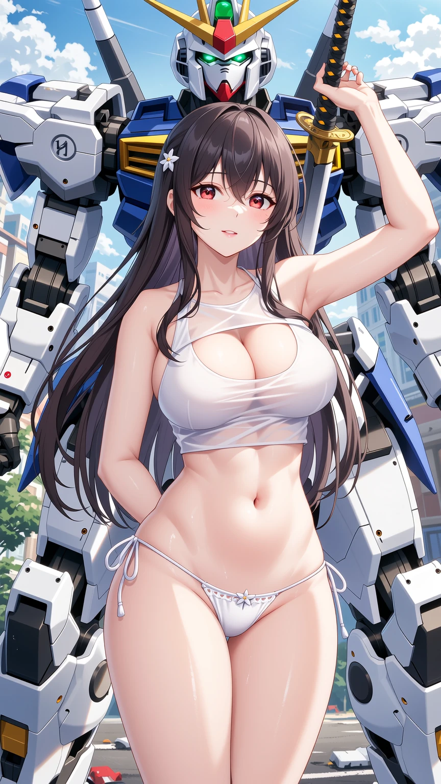 Asian Beauty Posing with Giant Mecha Warrior