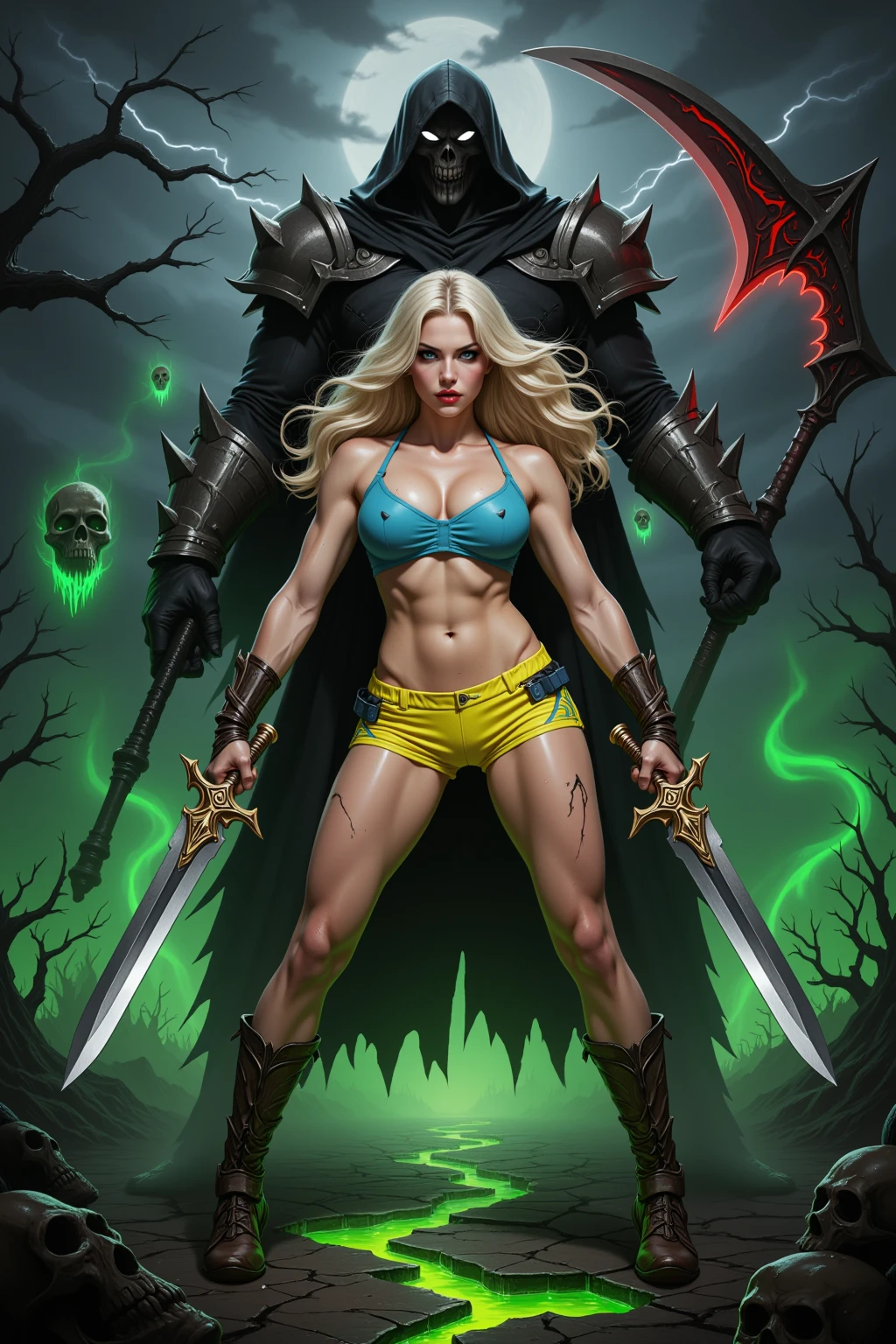 Blonde Warrior Facing Shadow Reaper in Hellscape