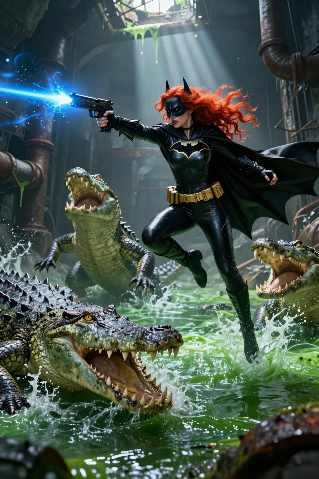 Redhead Batgirl vs Giant Sewer Crocodiles
