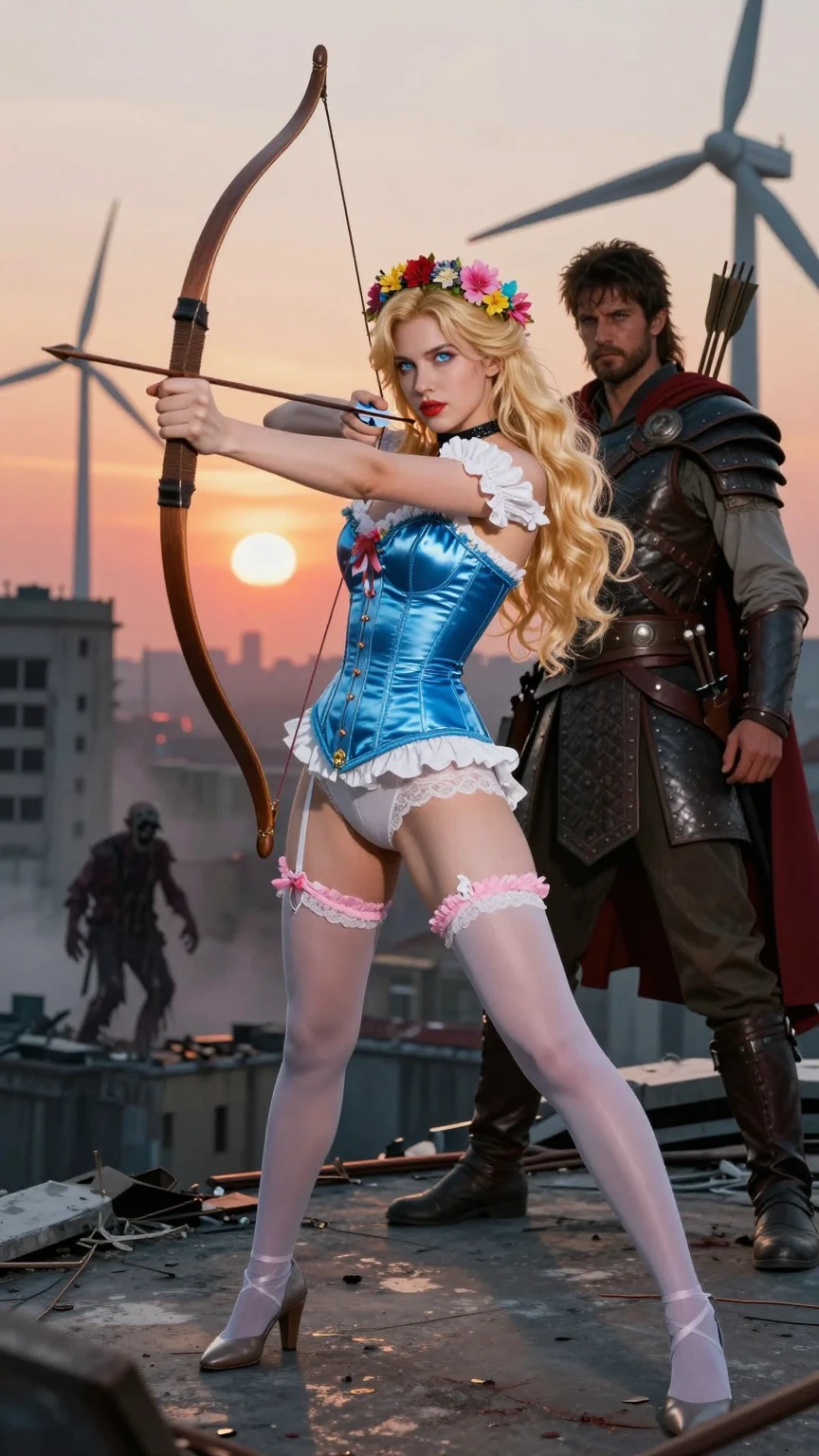 Post-Apocalyptic Blonde Archer on Rooftop Sunset