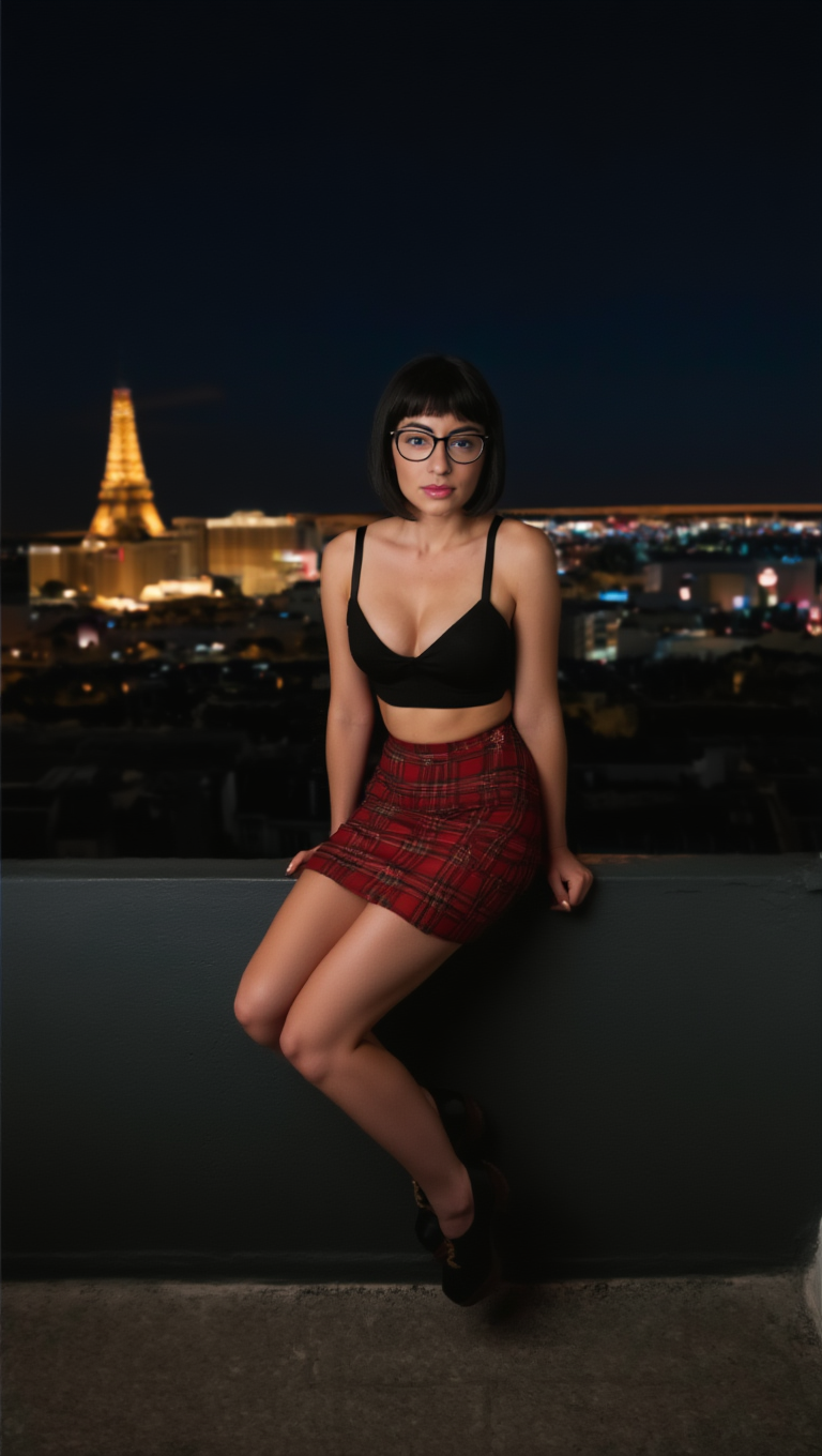 Night City Rooftop Portraits with Brunette in Glasses