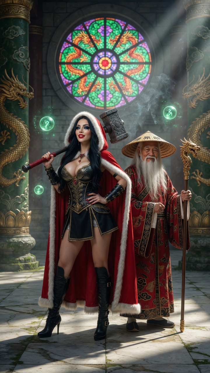 Red Riding Hood Warrior and Asian Sage in Ancient Temple
