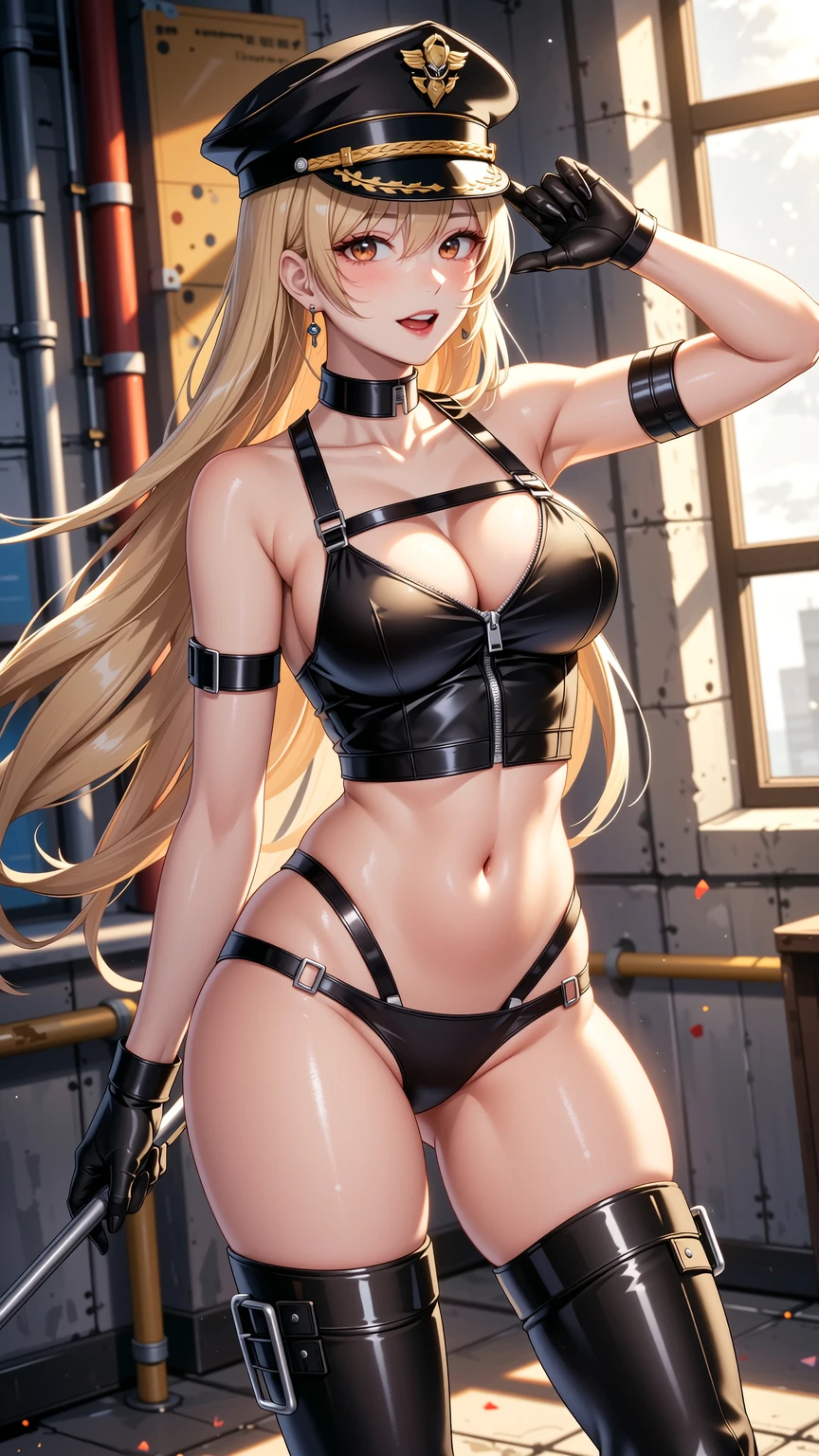 Dominant Latex Officer in Industrial Light Scene