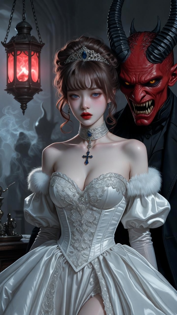 Innocent Bride with Menacing Red Demon Gothic Horror Fantasy Series