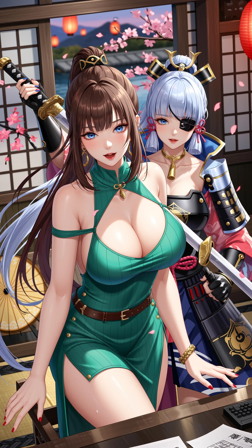 Voluptuous Brunette and Fierce Samurai Warrior