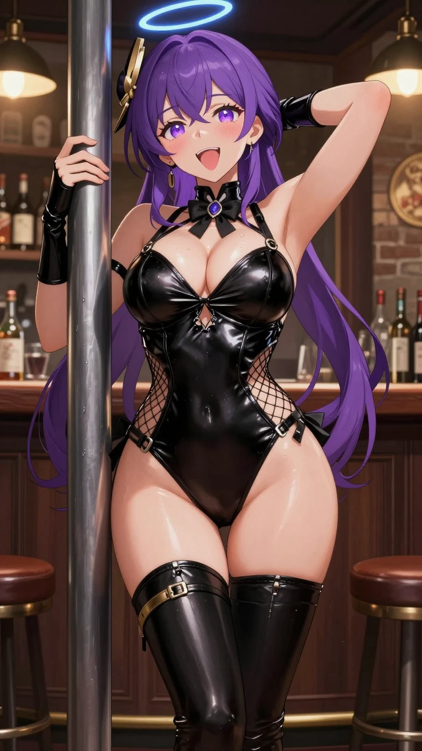 Purple Haired Anime Girl Pole Dancing in Bar