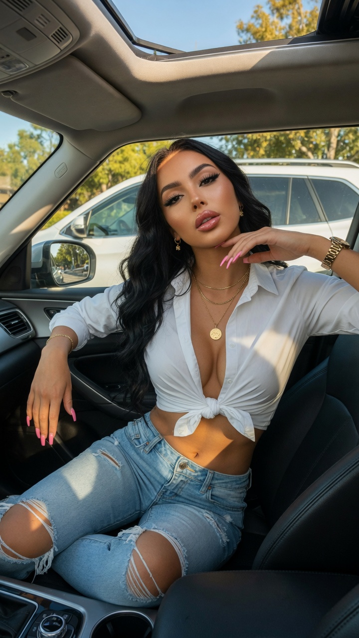 Brunette in Tied White Shirt Posing in Car
