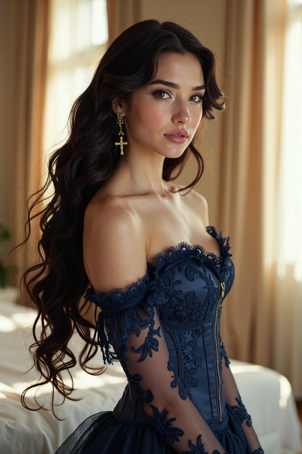 Elegant Brunette in Navy Lace Corset Sunlit Boudoir Fantasy Series