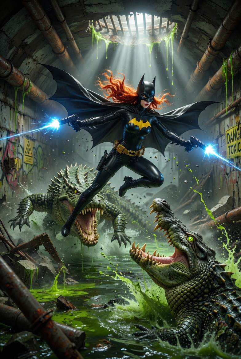 Redhead Batgirl vs Giant Sewer Crocodiles