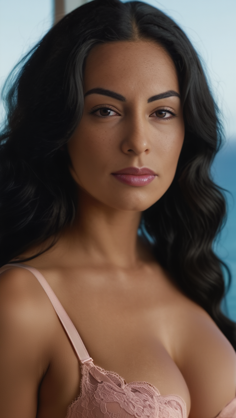 Sunlit Brunette in Lace Lingerie by Ocean View