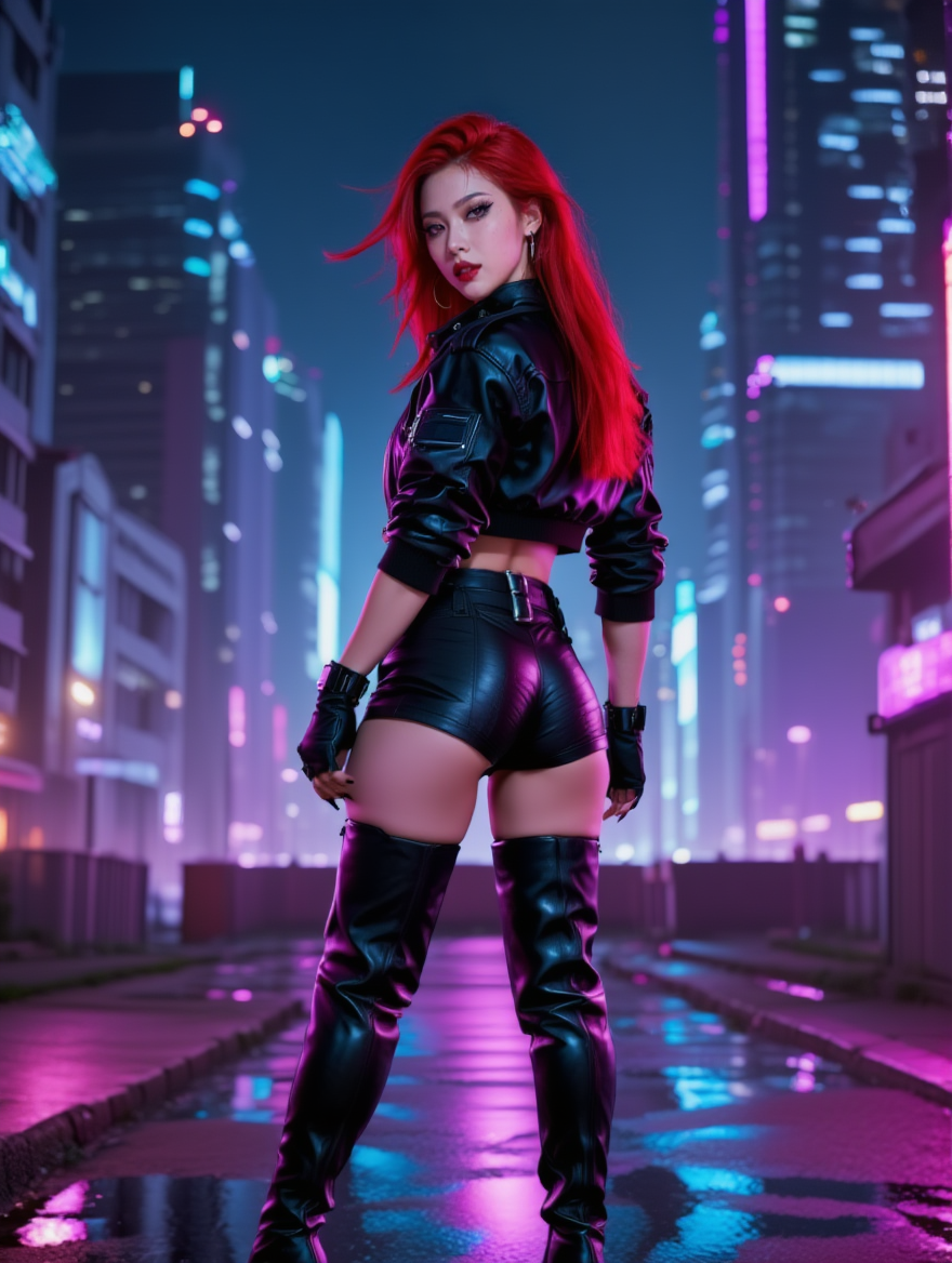 Neon Cyberpunk Femme Fatale in Futuristic City Nights