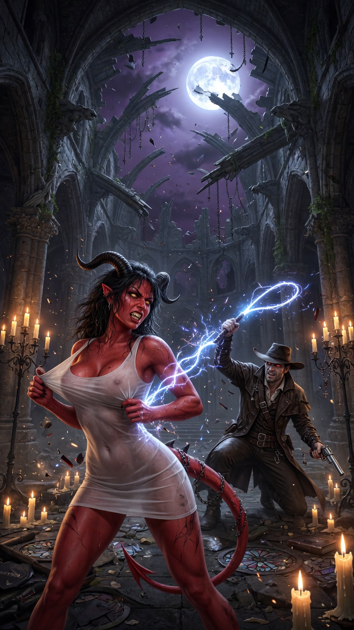 Demoness vs Vampire Hunter in Ruined Cathedral
