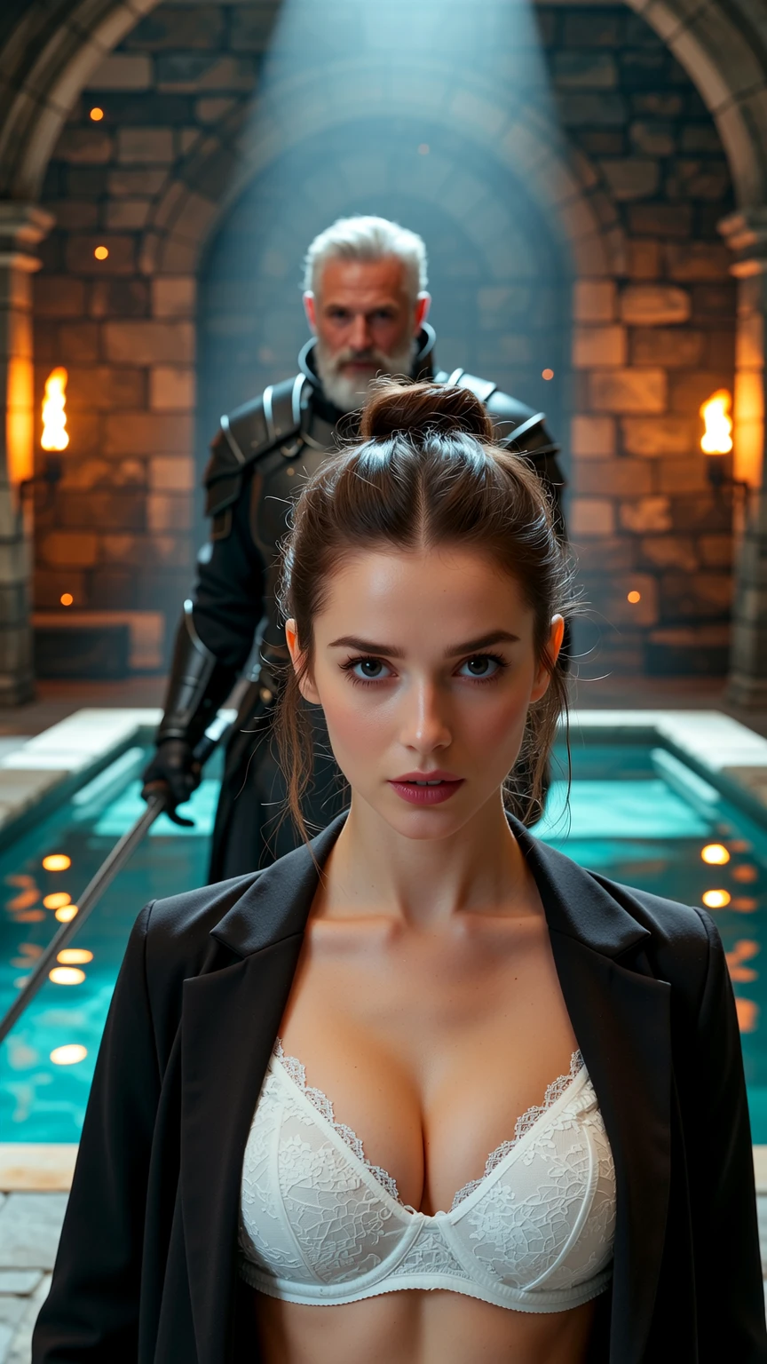 Modern Muse and Armored Guardian in Ancient Chamber