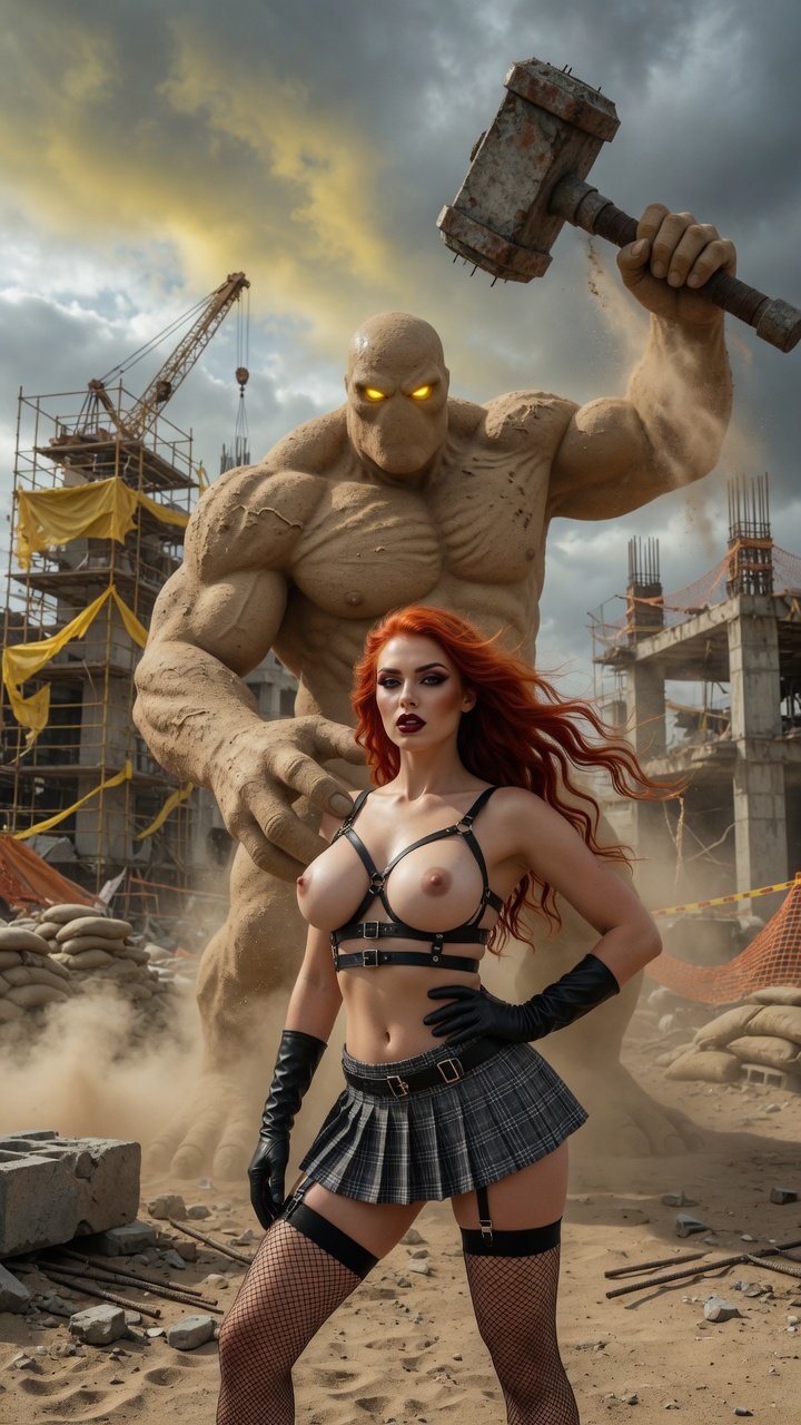 Redhead in Harness with Giant Sand Monster