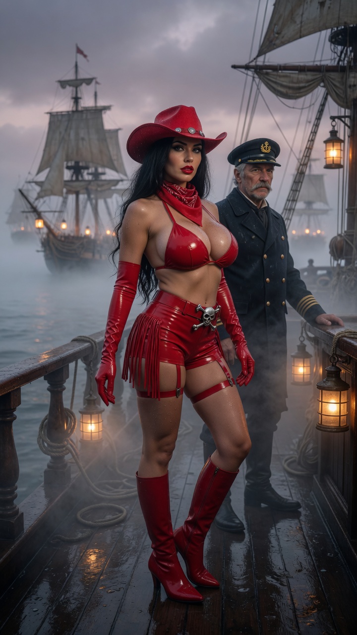 Red Latex Cowgirl on Foggy Ship Deck