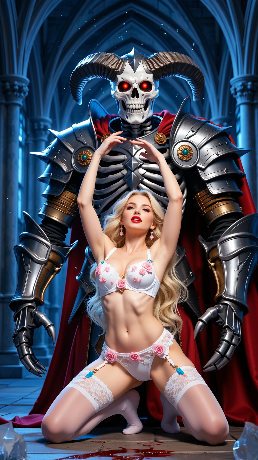 Blonde Lingerie Kneeling Before Skeleton Lord