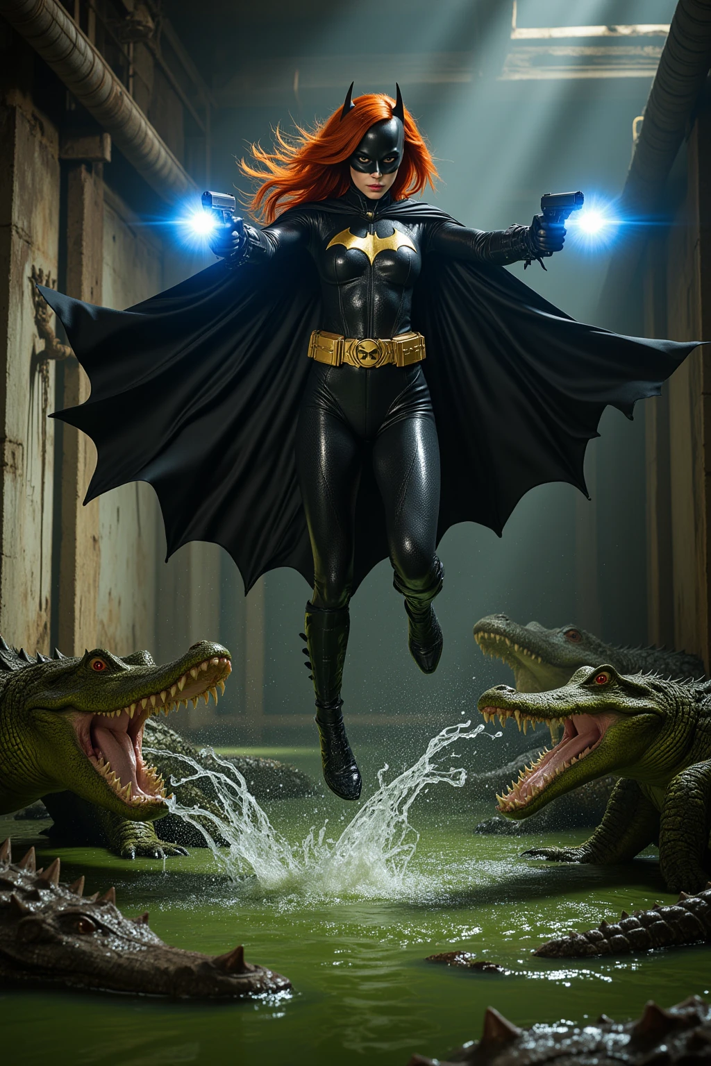 Redhead Batgirl vs Giant Sewer Crocodiles
