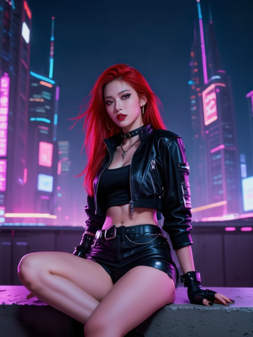 Neon Cyberpunk Femme Fatale in Futuristic City Nights