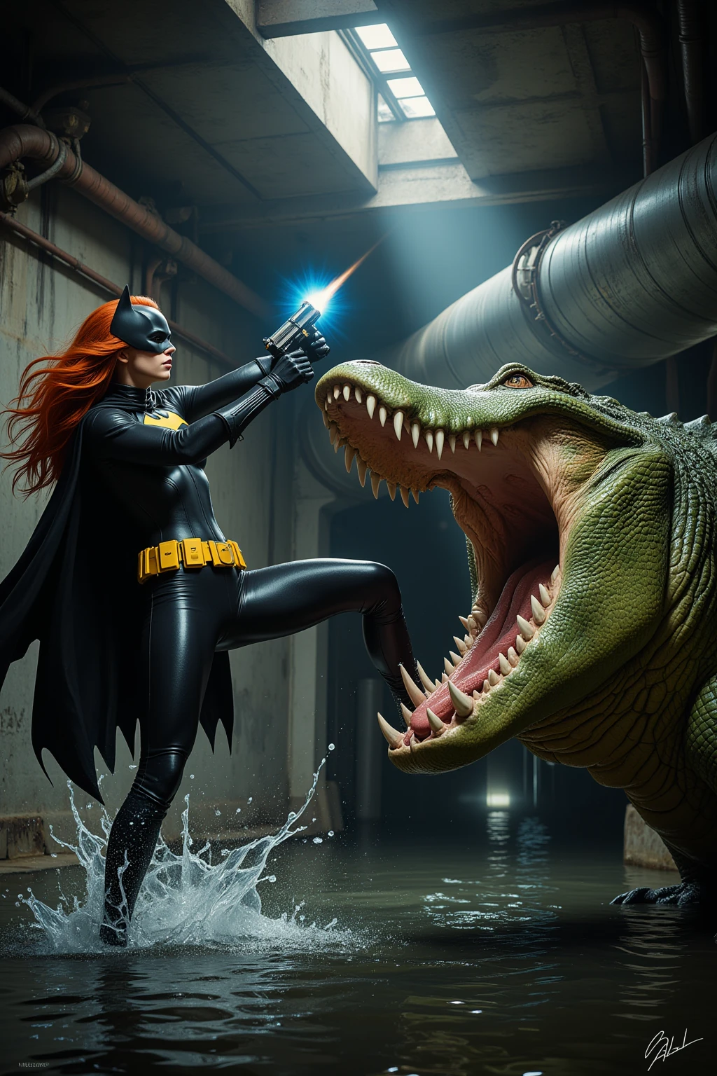 Batgirl vs Giant Crocodile in Sewer