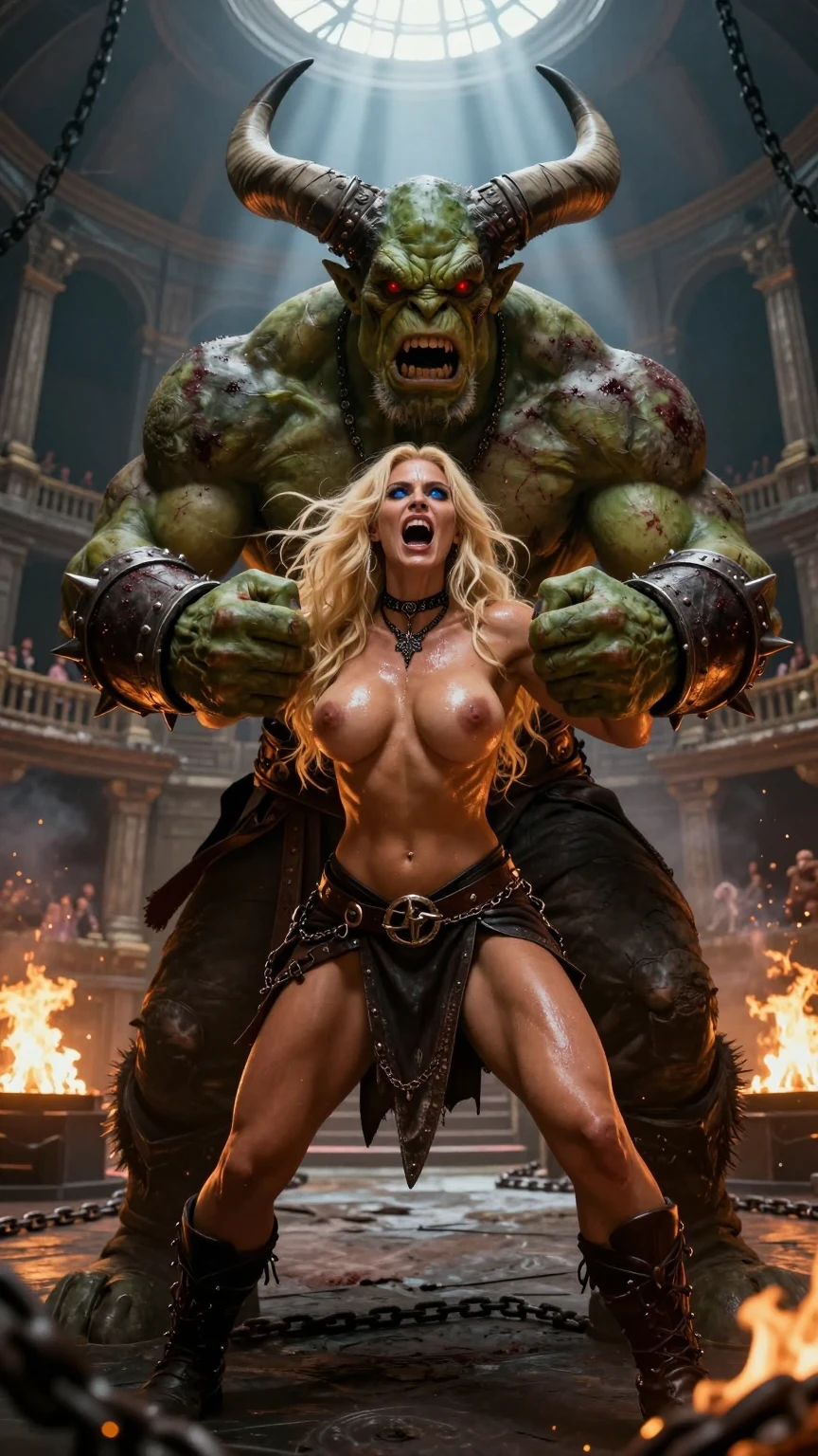 Horned Orc Restrains Screaming Blonde Warrior
