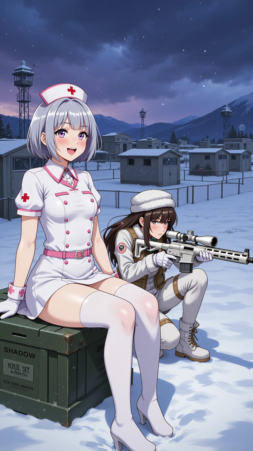 Nurse and Sniper Girls in Snowy Military Base