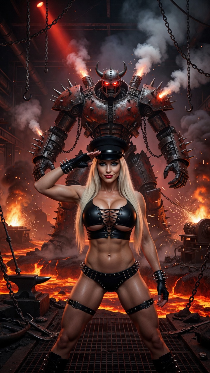 Blonde Dominatrix Salutes in Hellforge