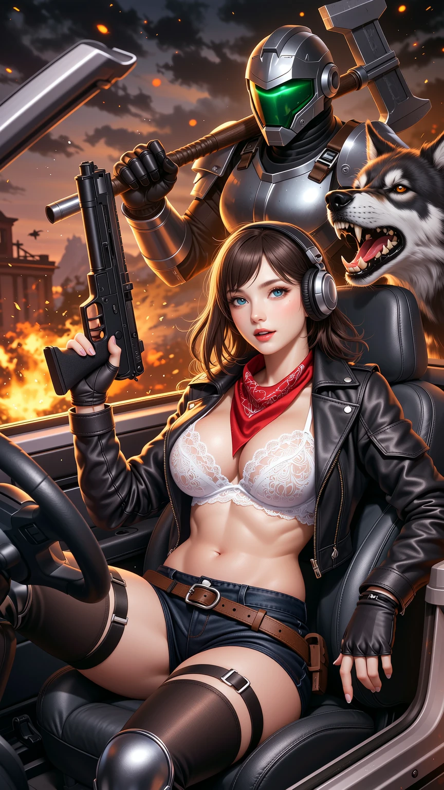 Fierce Brunette Shotgun Driver in Hellfire Wasteland