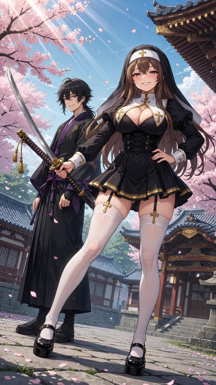 Seductive Nun and Samurai in Cherry Blossoms