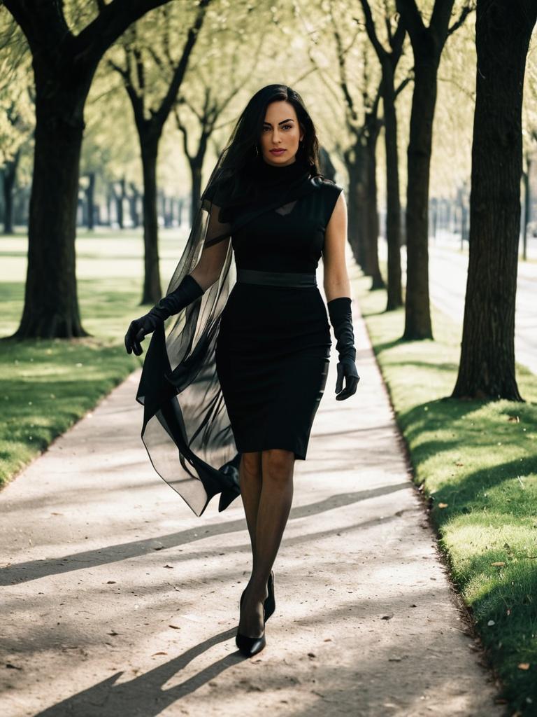 Elegant Brunette in Flowing Black Dress: Sunlit Park Stroll