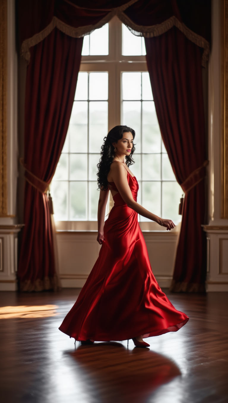 Classic Red Evening Dress Window Light Editorial Series