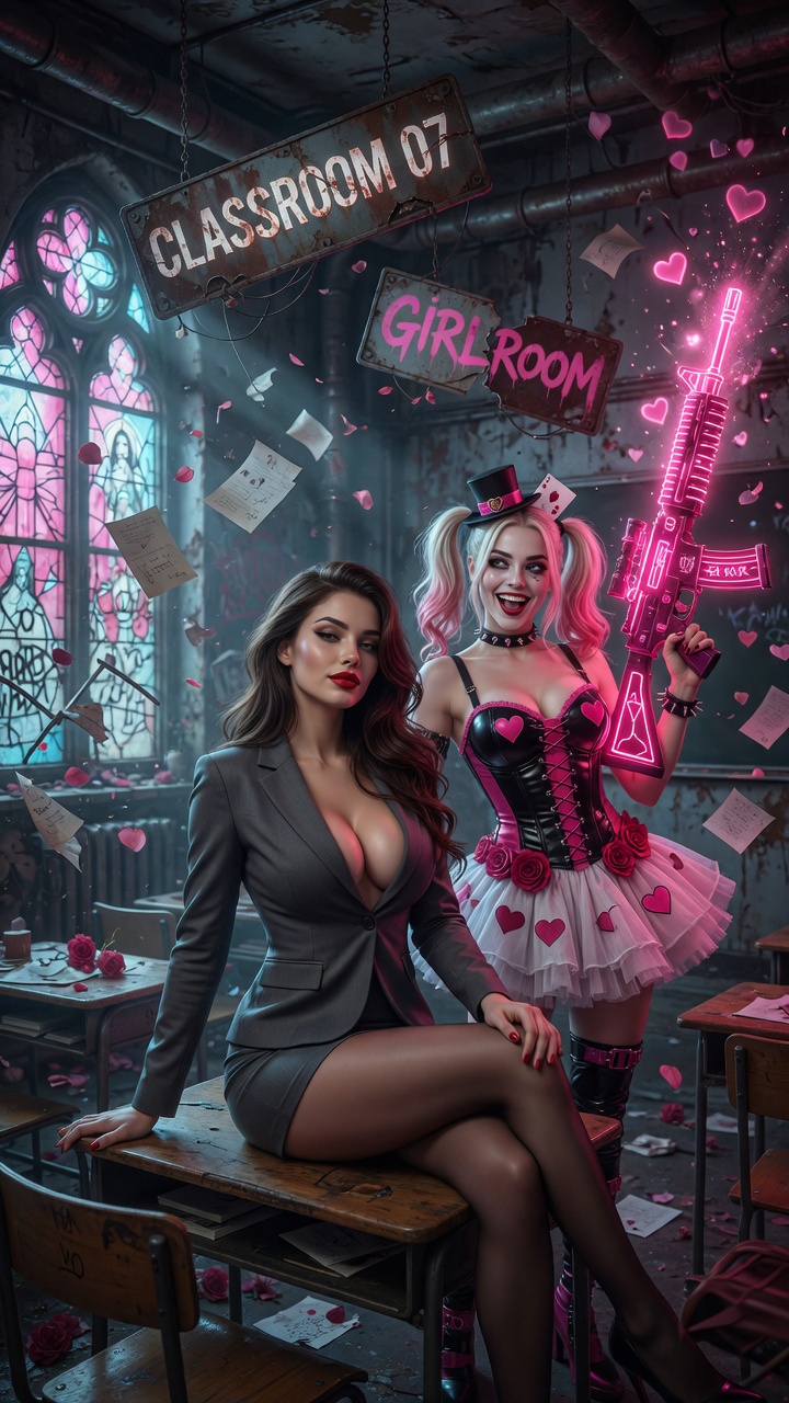 Seductive Businesswoman Posing with Harley Quinn