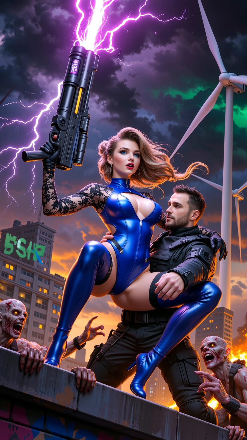 Blue Bodysuit Heroine Fights Zombies with Energy Gun